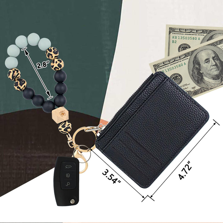 Wristlet Bracelet Keychain with Wallet for Women, Silicone Beaded Keychain Bangle Car Key Rings Card Holder (Black)