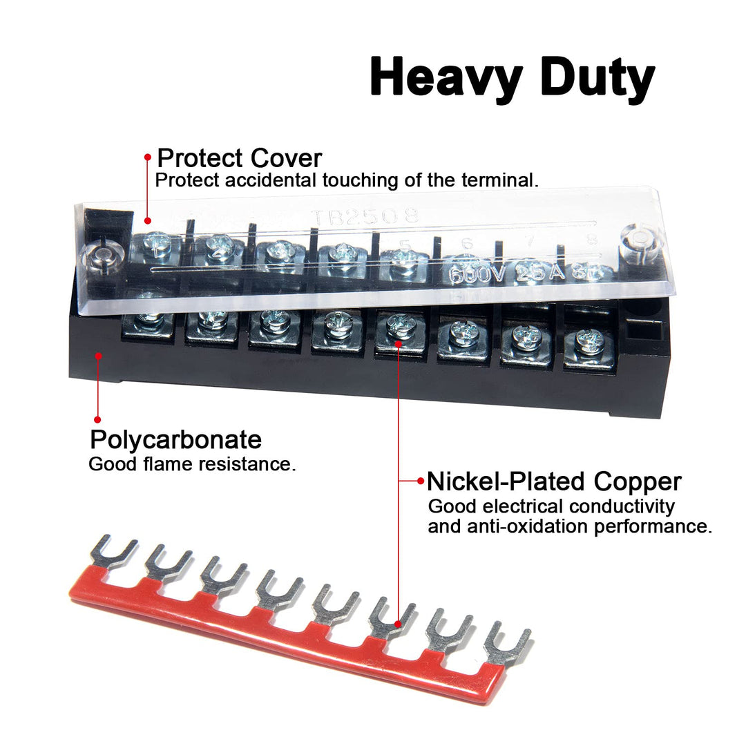Terminal Block and Strip - 6 Sets 8/10/12 Positions 600V 25A Dual Row Wire Screw Terminal Strip Block with Cover + 400V 25A Pre-Insulated Terminals Barrier Strips Jumpers (Black &amp; Red)
