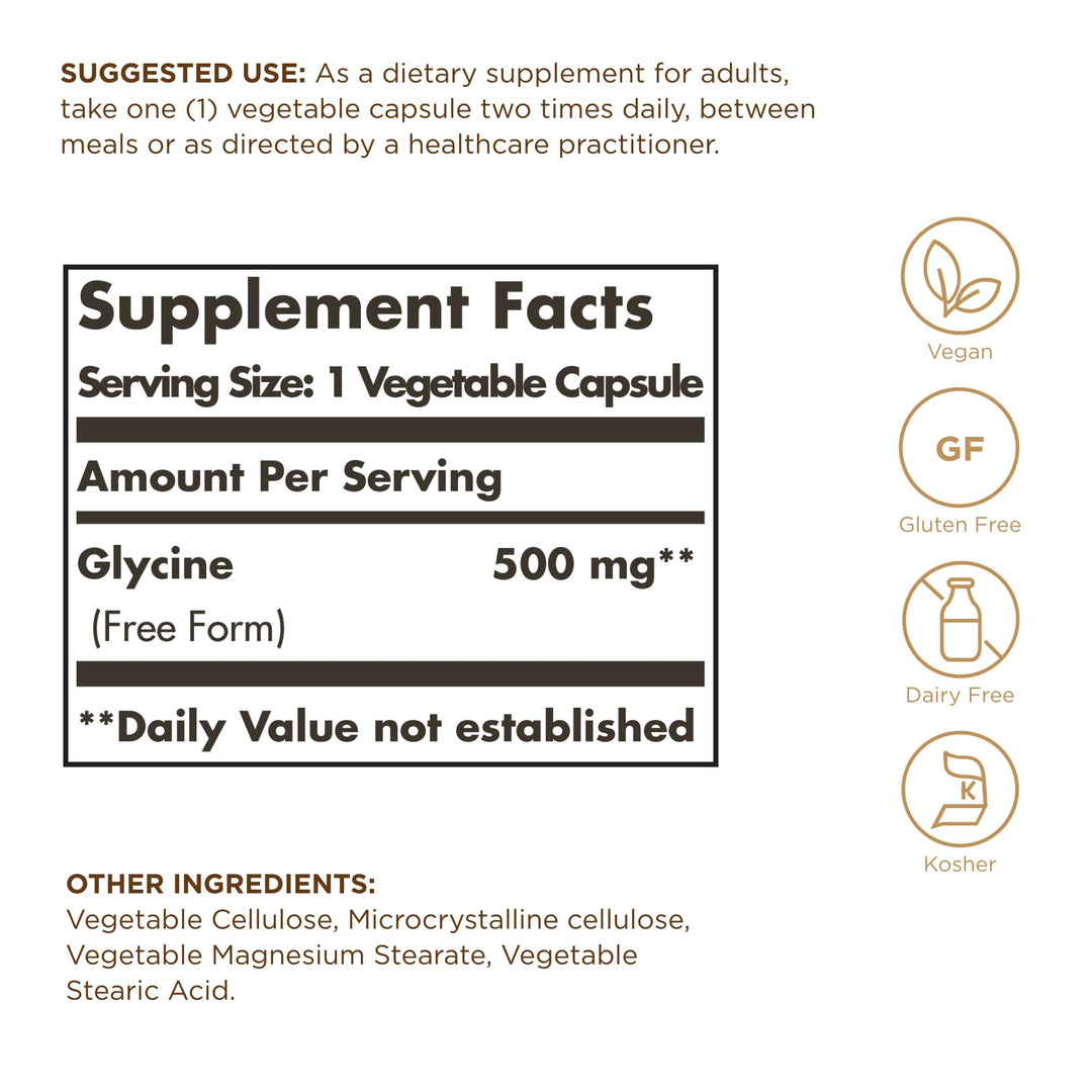 Solgar Glycine 500 mg - 100 Vegetable Capsules - Non-GM