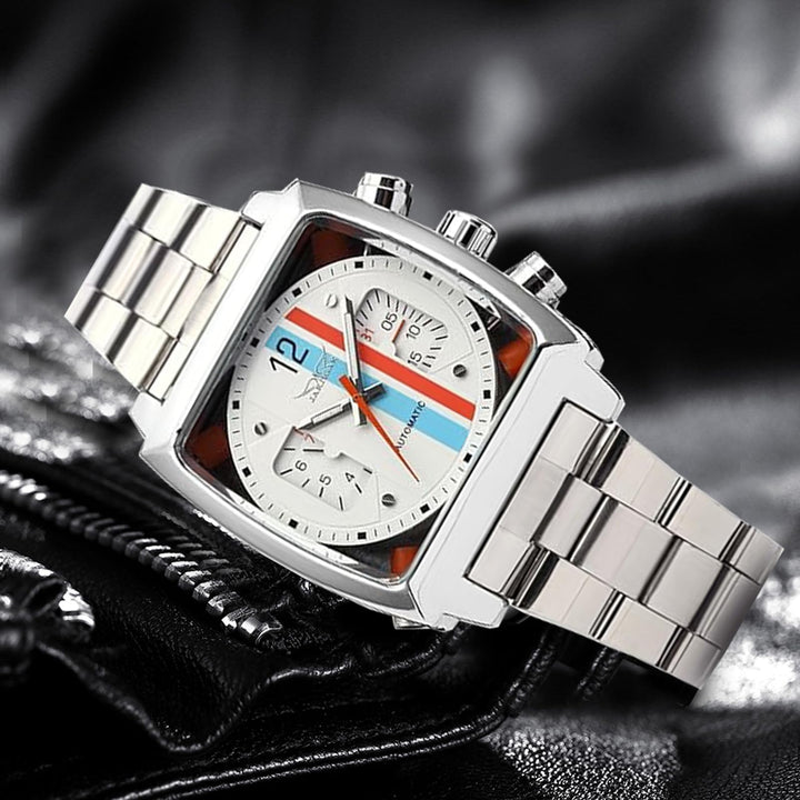 Mens Outdoor Sports Automatic Mechanical Analog Date Day Army Silver Stainless Steel Wrist Watch