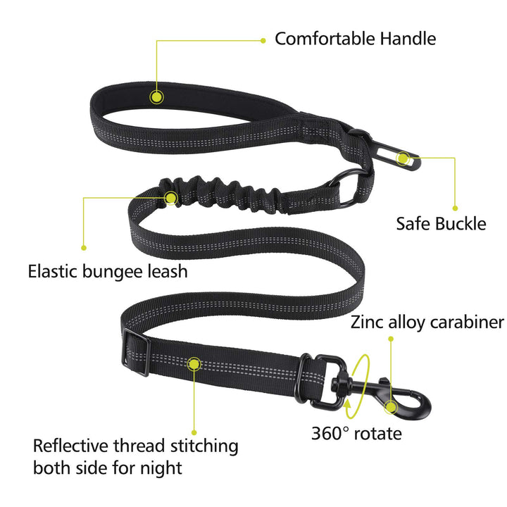 4.0 FT Bungee Dog Leash for Small, Medium and Large Dogs, Reflective Pet Training Long Traffic Leash with Car Seat Belt. (Small, Black)