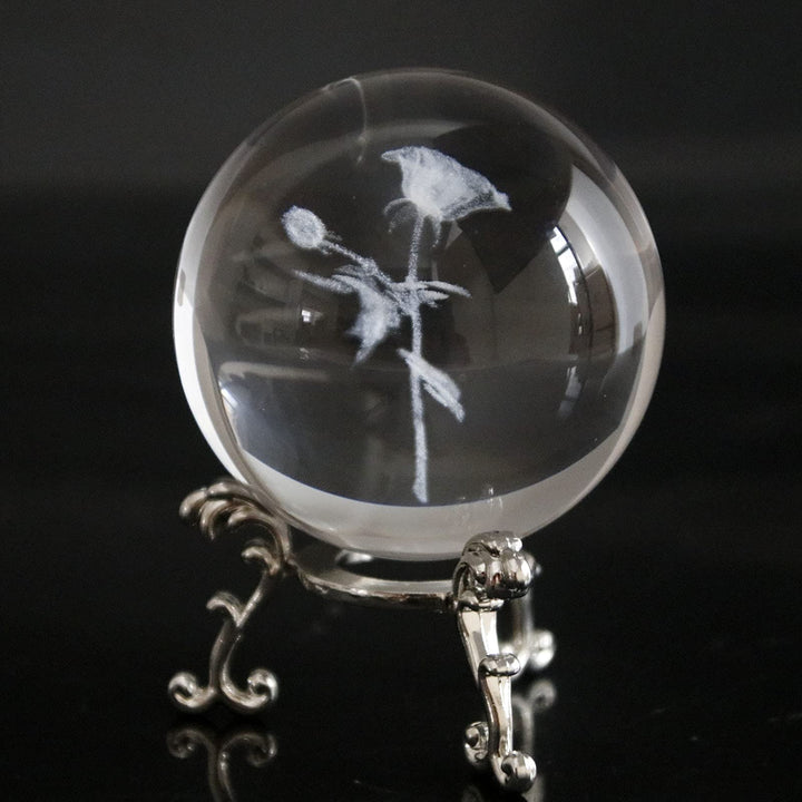 2.36in 3D Engraving Crystal Rose Flower Figurine with Butterfly Crystal Ball Paperweight with Stand Base for Girls or Women