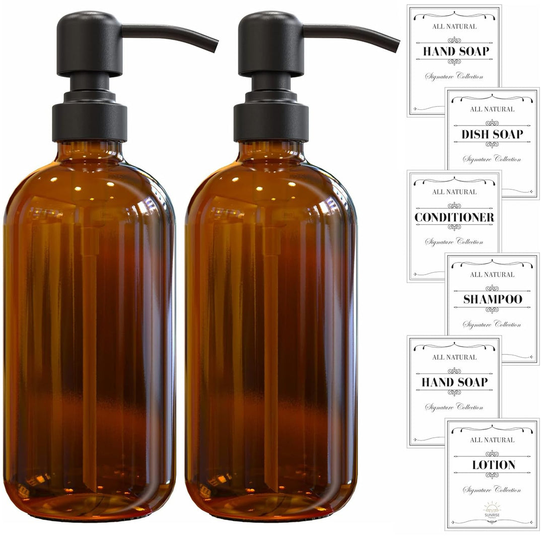 2 Pack Amber Glass Soap Dispenser 16 OZ with Matte Black Stainless Steel Pump, Hand and Dish Soap Dispenser Set for Bathroom and Kitchen Sink with 6 Waterproof Labels