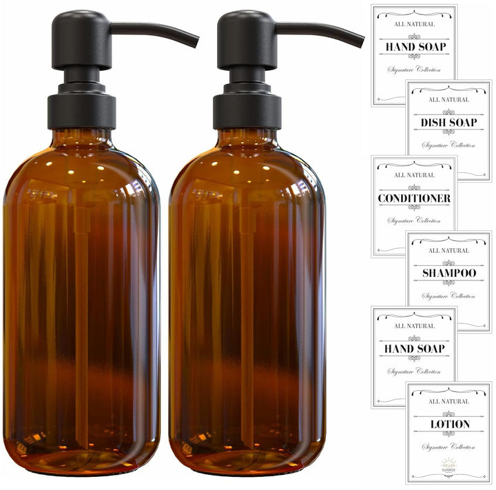 2 Pack Amber Glass Soap Dispenser 16 OZ with Matte Black Stainless Steel Pump, Hand and Dish Soap Dispenser Set for Bathroom and Kitchen Sink with 6 Waterproof Labels