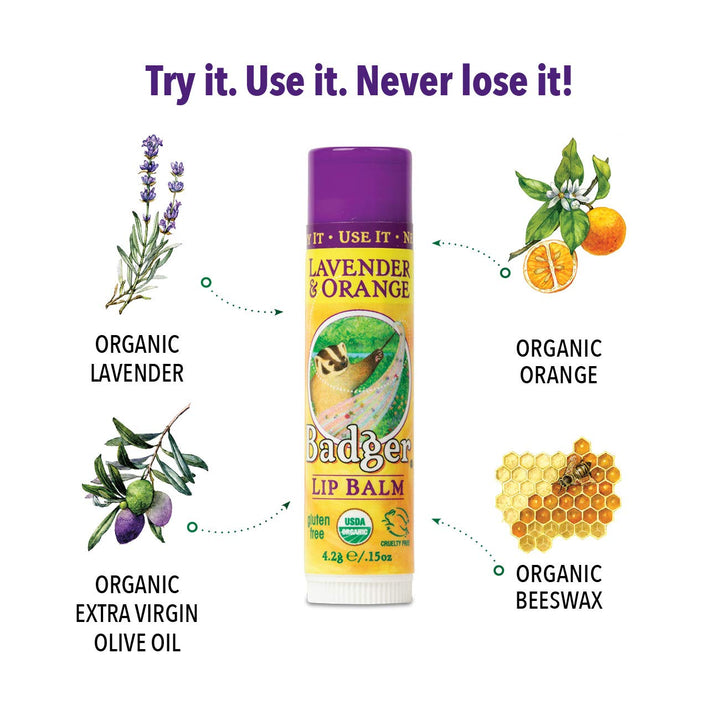 Badger - Lip Balm Stick Lavender &amp; Orange - 0.15 oz.