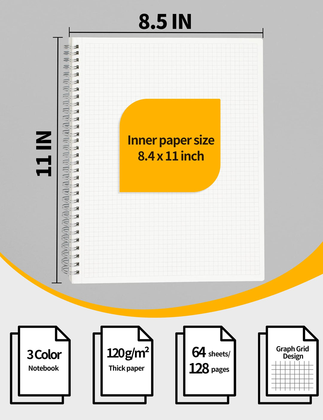 SUNEE Graph Paper Notebook - 3 Pack Large Spiral Grid N