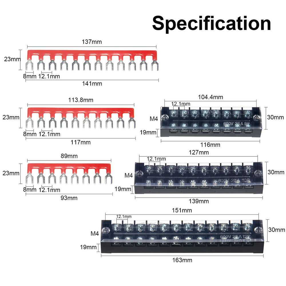 Terminal Block and Strip - 6 Sets 8/10/12 Positions 600V 25A Dual Row Wire Screw Terminal Strip Block with Cover + 400V 25A Pre-Insulated Terminals Barrier Strips Jumpers (Black & Red)
