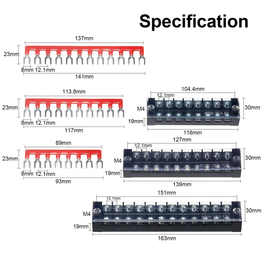 Terminal Block and Strip - 6 Sets 8/10/12 Positions 600V 25A Dual Row Wire Screw Terminal Strip Block with Cover + 400V 25A Pre-Insulated Terminals Barrier Strips Jumpers (Black &amp; Red)