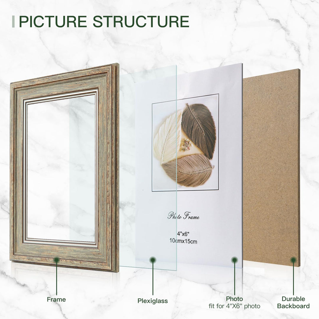 3 Pack 4x6 Inch Picture Frames Farmhouse Rustic Vintage Distressed Wood Grain Photo Frame with Plexiglass for Table Top Display and Wall Hanging