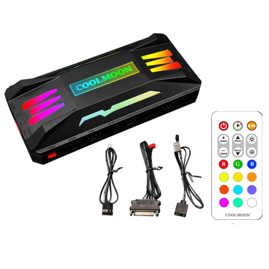 Pwm Fan Temperature Controller Integrator, Remote Control Computer RGB Light Adapter, 8 * 4 Pin Fan Speed Controller Ports, 10 * 5v 3pin A-RGB Ports with Magnet (Black)