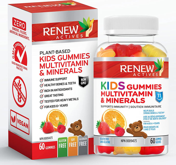 Renew Actives Kids Multivitamin 4 Gummies per Serving – Supports Health, Hair, Skin, Nails, Eyesight, Strong Bones, Teeth & Gums – Tasty & Nutrient-Rich for Growing Kids – Made in Canada – 60 Gummies
