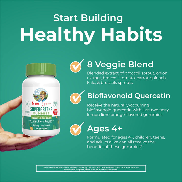 Super Greens Gummies | Naturally-Occurring Quercetin for Adults and Kids Ages 4+ | Sugar Free | 2g Fiber Per Serving | Vegan | No Gelatin | Pectin Based | 60 Count | 30 Servings