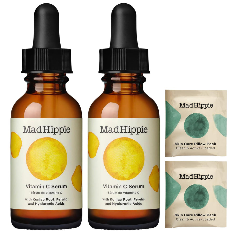 Vitamin C Serum 2-Pack – Brightening Serum with Hyaluronic Acid, Ferulic Acid, Vitamin E, 1.02 Oz Ea + Varying Pillow Packs