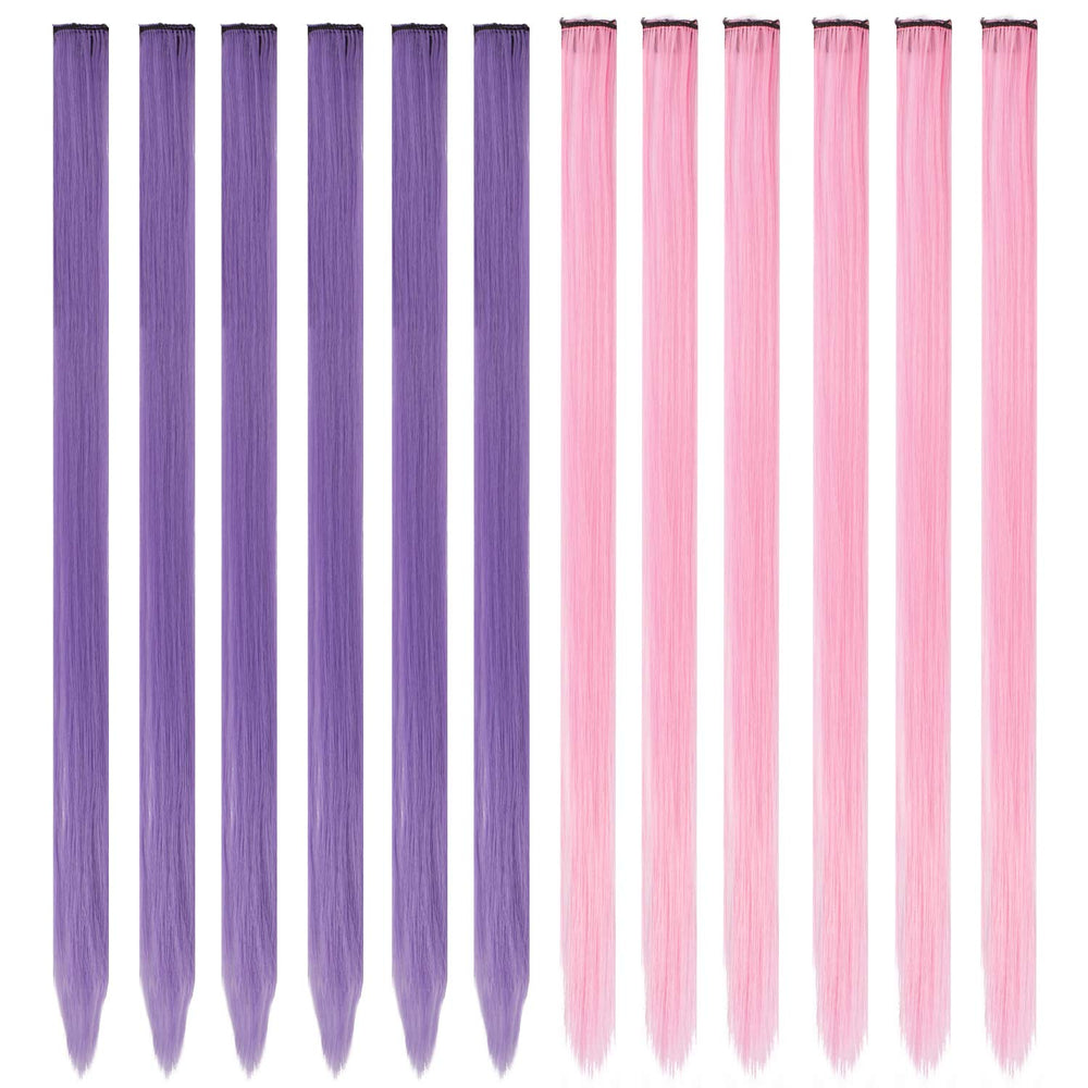 Colored Hair Extension, 12 PCS Purple Pink Hairpiece for Girls Princess Party Highlight Colorful Straight Hair Extensions Clip in Costumes Hair Piece for Girls Dolls, 20 inch