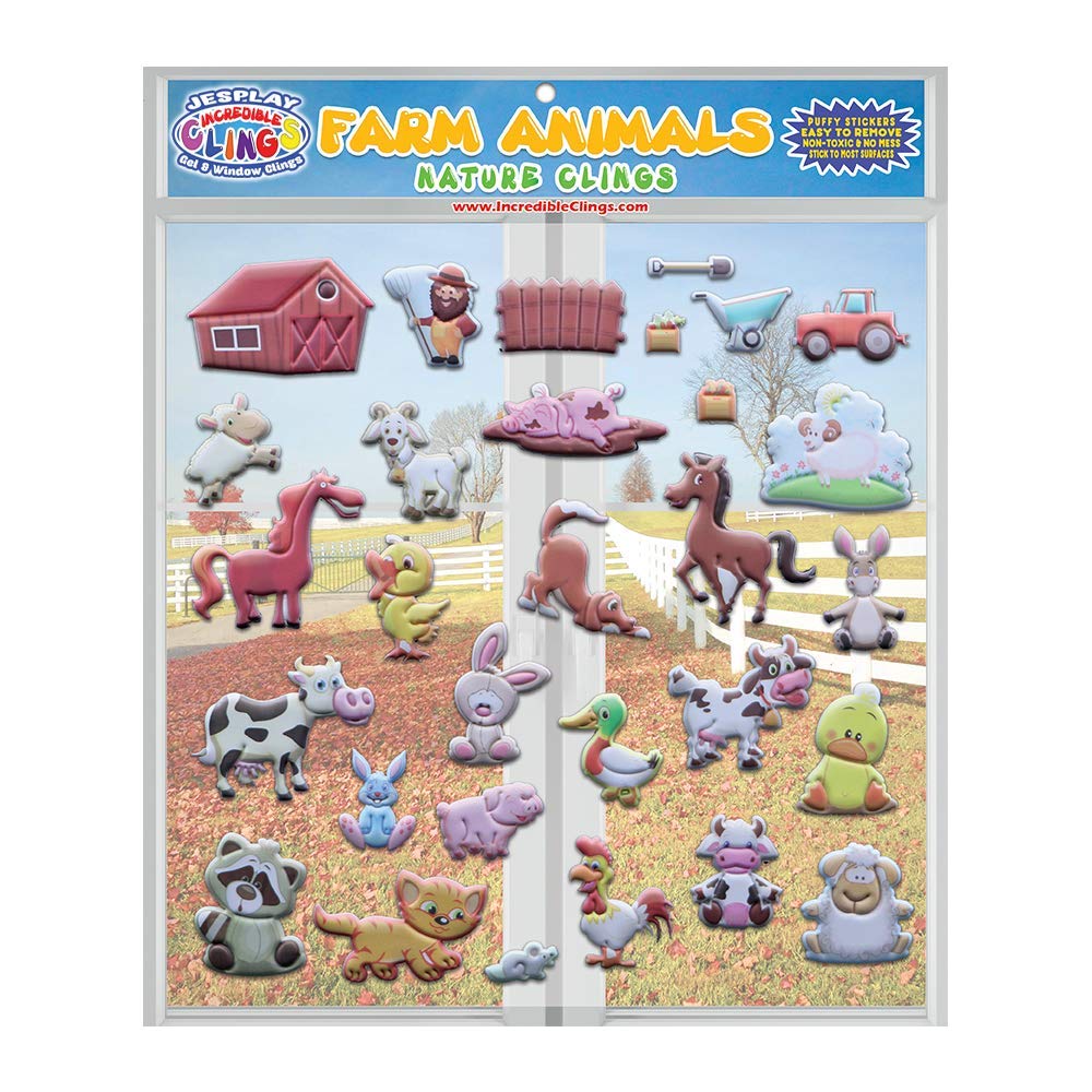 Funny Farm Animals Window Clings for Kids &amp; Toddlers (by Jesplay USA - Reusable Window Stickers Gels &amp; Decals) Puffy Sticker Activites for Car Plane Home- Horse, Cow, Farmer, Farm House Animals