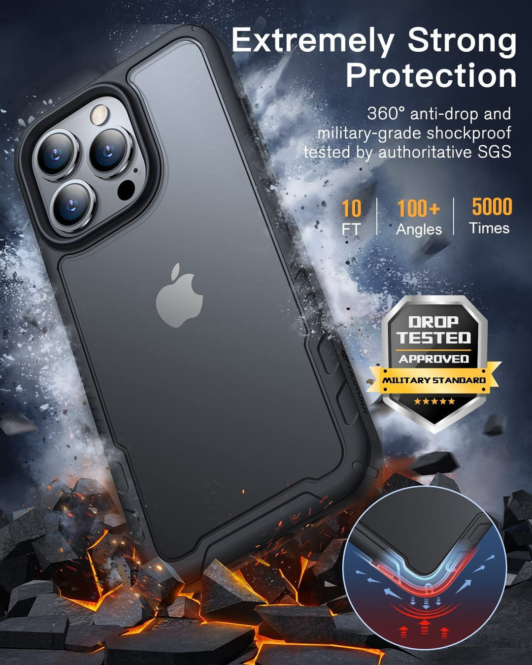 Designed for iPhone 13 Pro Max Phone Case [10FT Mil-Grade Drop Protection] [Anti-Scratch &amp; Anti-Fingerprint] Shockproof Translucent Matte Back with Soft Bumper -Black