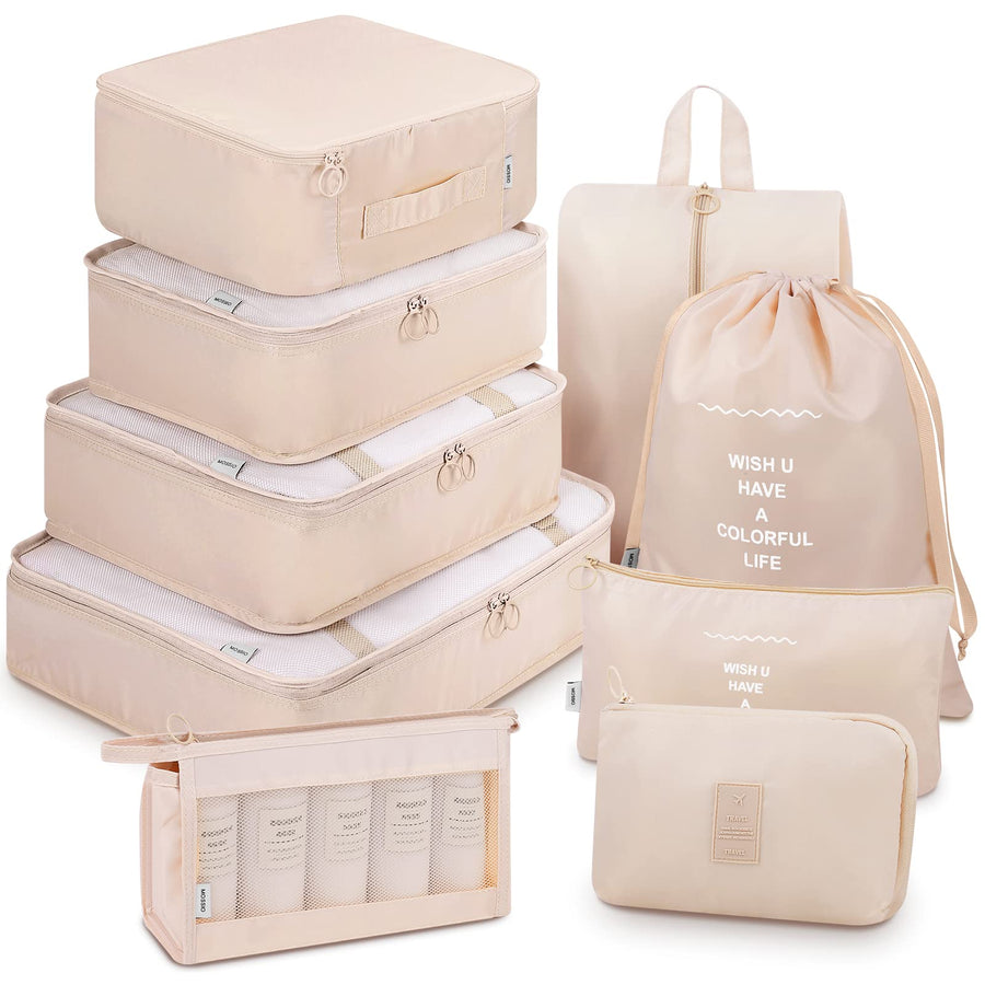 Packing Cubes for Carry On, 9 Piece Set Travel Cubes for Flying Camping Hiking Beige