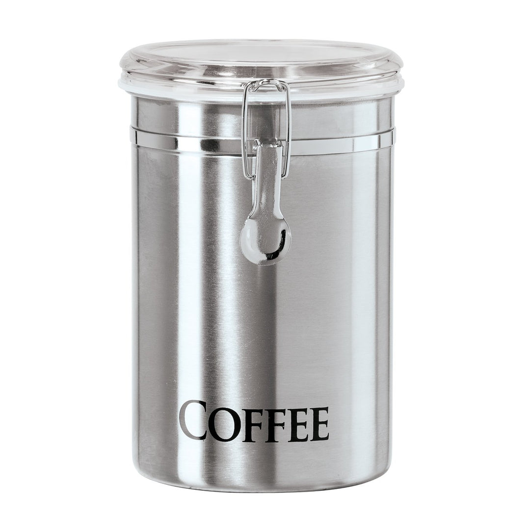 Stainless Steel Coffee Canister 62 fl oz - Airtight Clamp Lid, Clear See-Thru Top - Ideal for Coffee Bean Storage, Ground Coffee Storage, Kitchen Storage, Pantry Storage. Large Size 5 x 7.5.