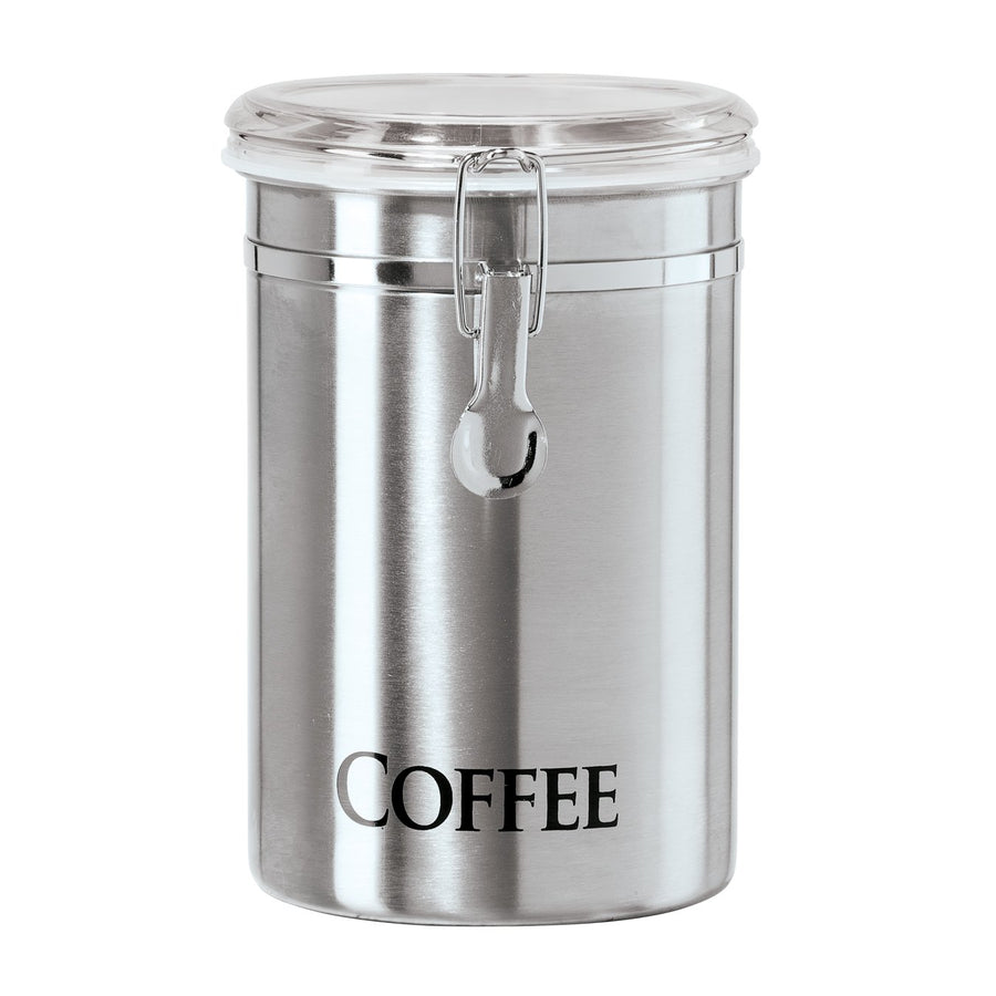 Stainless Steel Coffee Canister 62 fl oz - Airtight Clamp Lid, Clear See-Thru Top - Ideal for Coffee Bean Storage, Ground Coffee Storage, Kitchen Storage, Pantry Storage. Large Size 5 x 7.5.