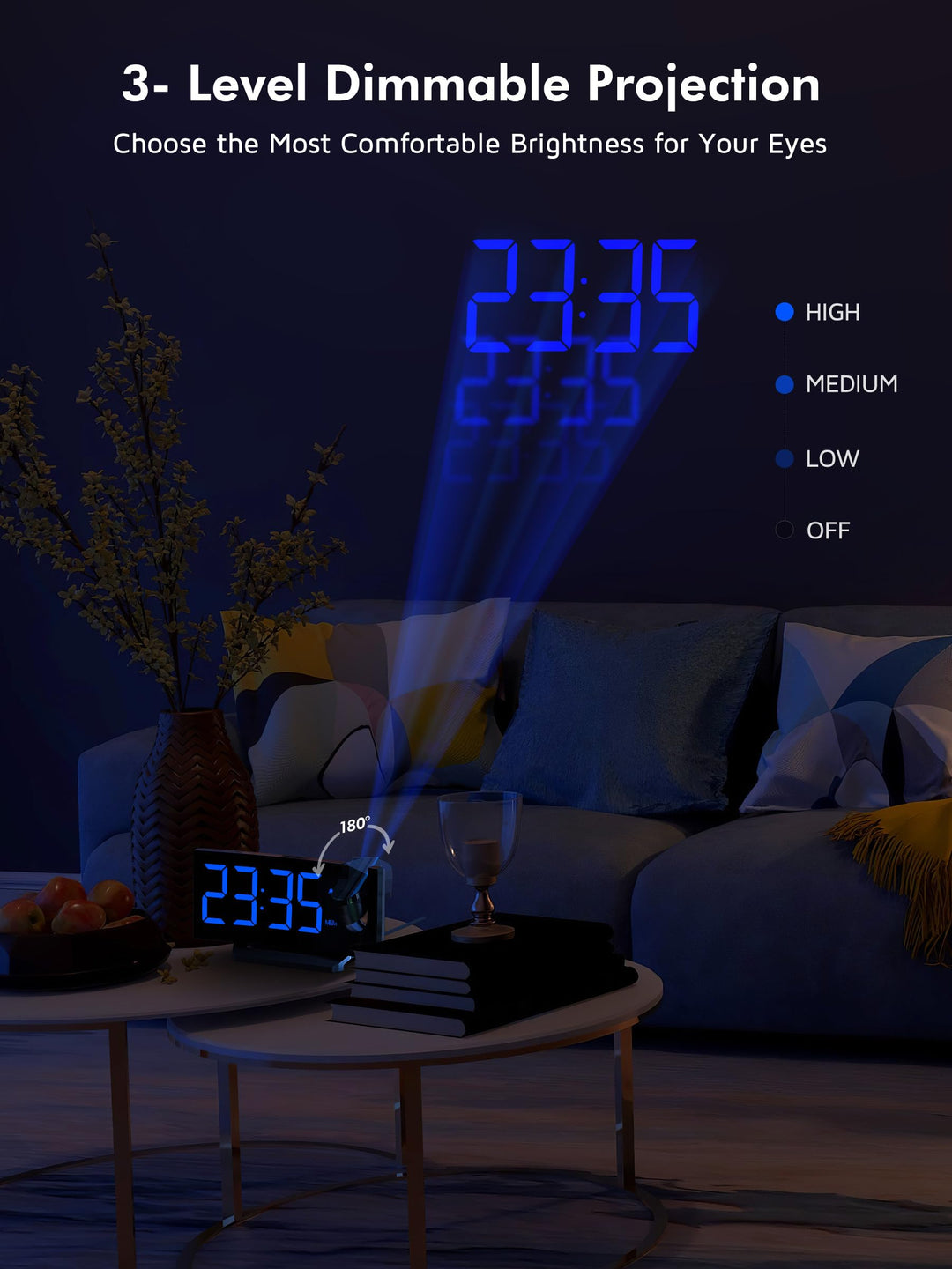 Projection Alarm Clock,FM Clock Radio with 0-100% Dimme