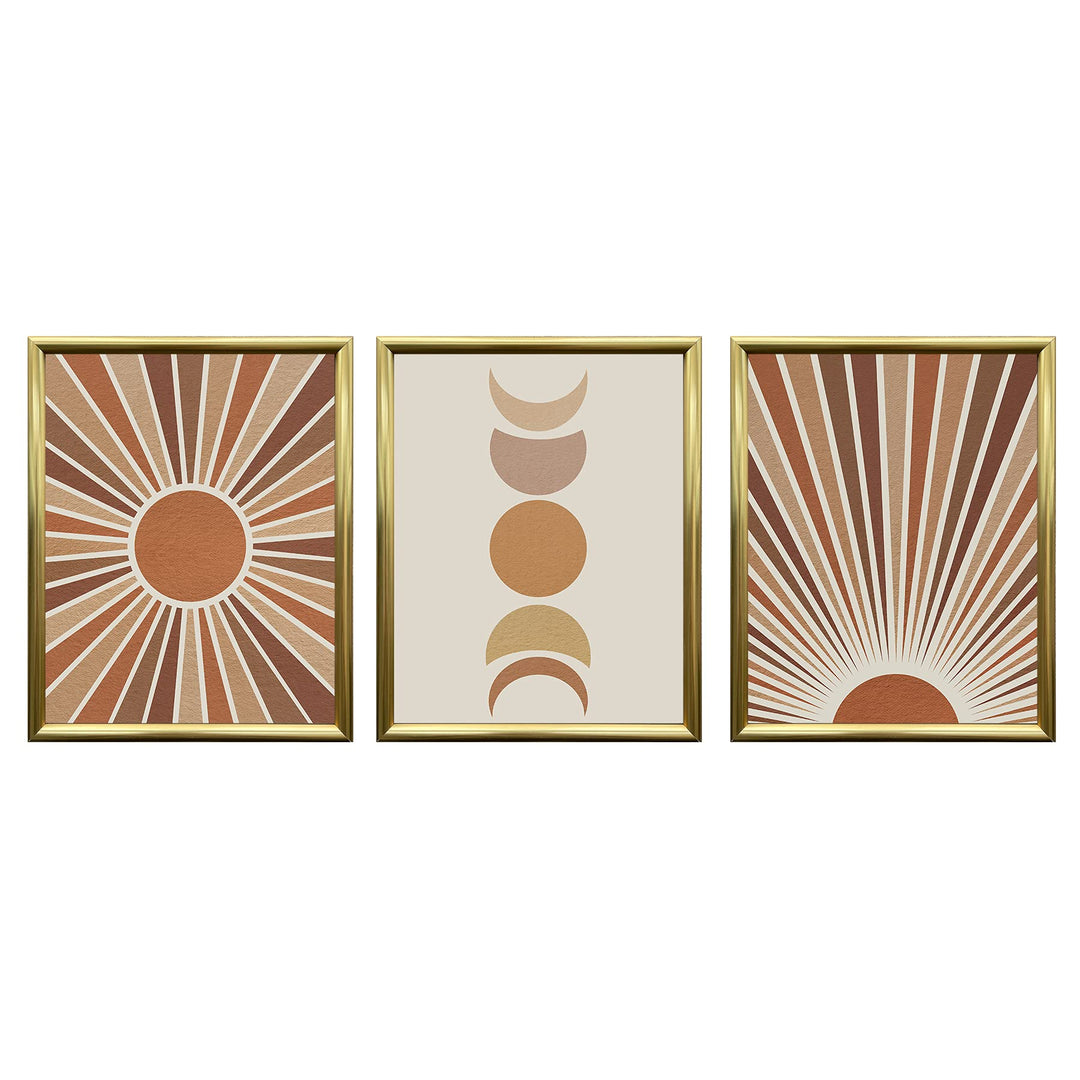 Sunset Sunrise Landscape Wall Art Mid Century Modern Minimalist Wall Decor, Sun and Moon Phase Art Print Boho Wall Prints for Bedroom Living Room(8x10,Set of 3,Gold FRAMED Canvas)