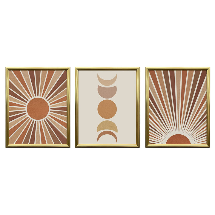 Sunset Sunrise Landscape Wall Art Mid Century Modern Minimalist Wall Decor, Sun and Moon Phase Art Print Boho Wall Prints for Bedroom Living Room(8x10,Set of 3,Gold FRAMED Canvas)