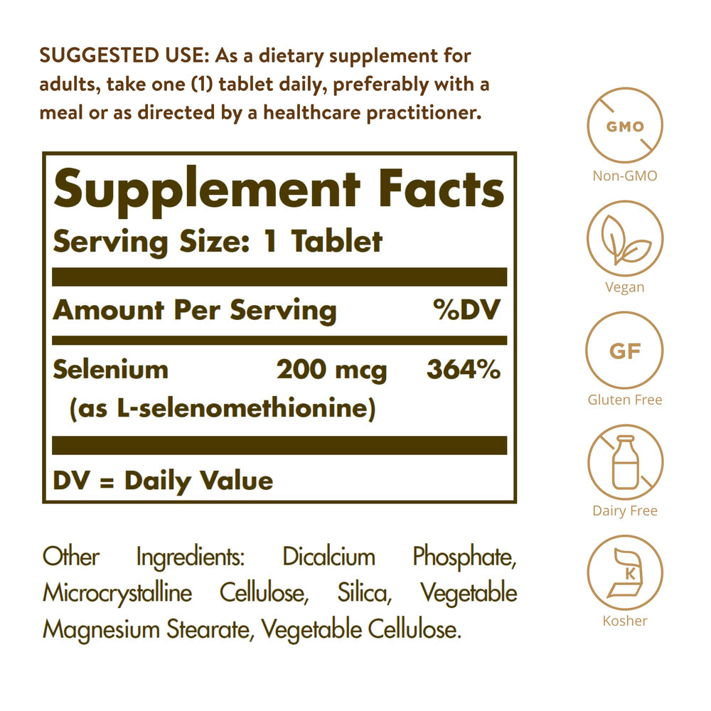 Solgar Yeast-Free Selenium 200 mcg, 250 Tablets - Supports Antioxidant & Immune System Health - Non-GMO, Vegan, Gluten Free, Dairy Free, Kosher - 250 Servings