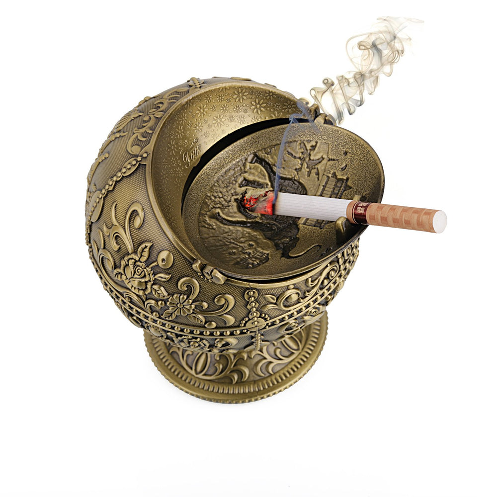 Vintage Ashtray with Lid for Cigarettes Metal Portable Ashtray for Outdoors Indoors Hand Stamped Windproof Ash Tray Classy Gift for Men Women(Bronze with Lucky Elephant)