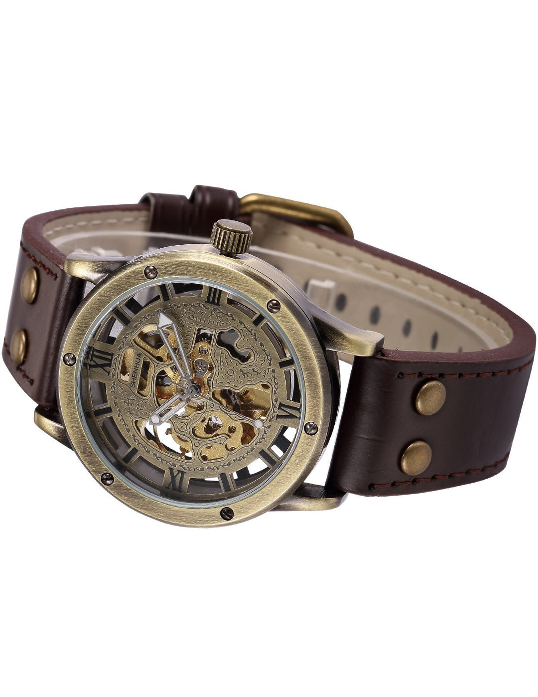 Vintage Bronze Roman Automatic Mechanical Men&#39;s Skeleton Brown Leather Strap Wrist Watch PMW362