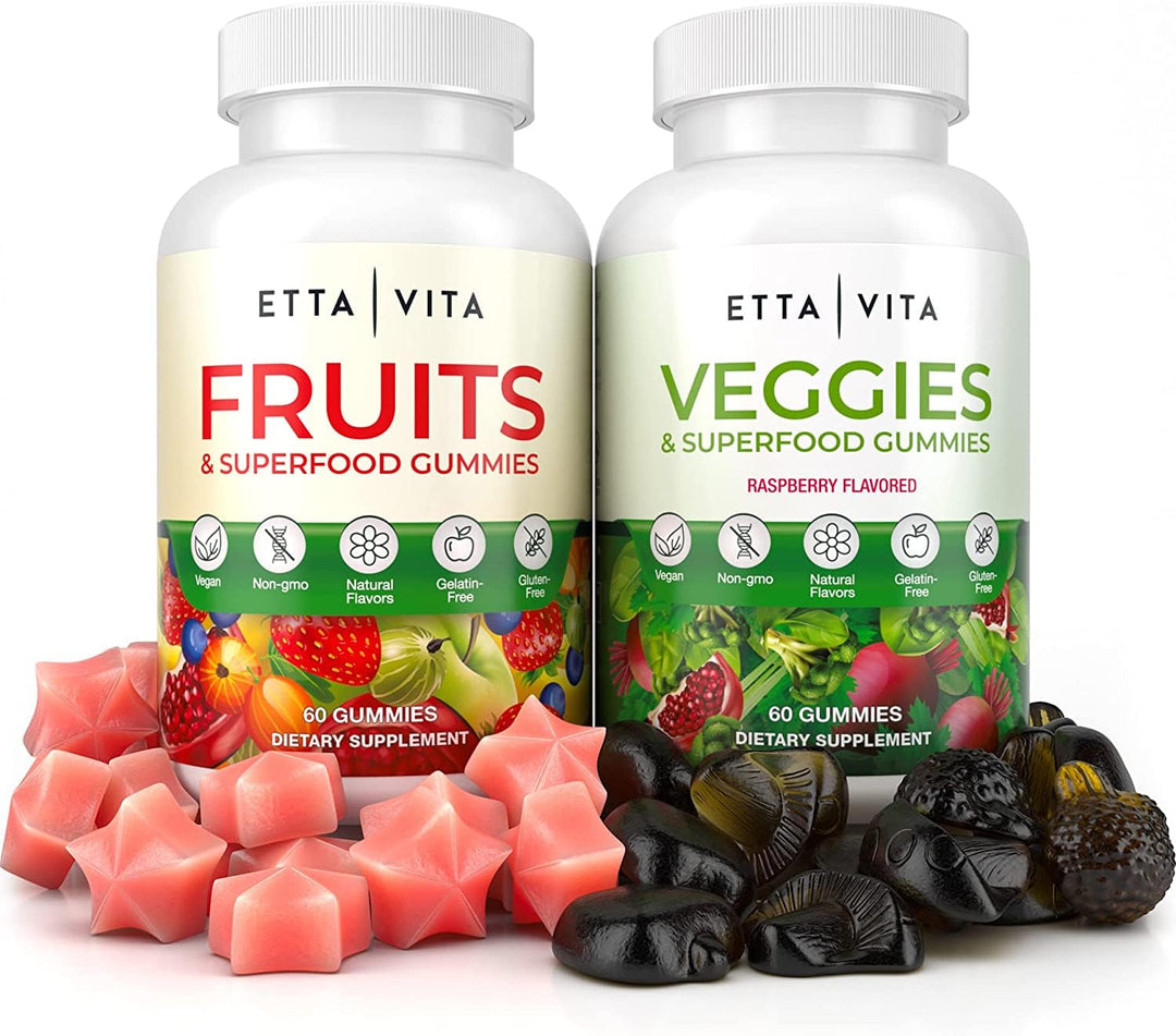 (120 Chews) Fruits and Veggies Supplement - Superfood Fruits and Veggies Gummies (9 Superfruits &amp; 30 Veggies) Mushrooms, Fruit and Vegetable Vitamins, Non-GMO, Pectin-Based, Gluten-Free, No Capsules