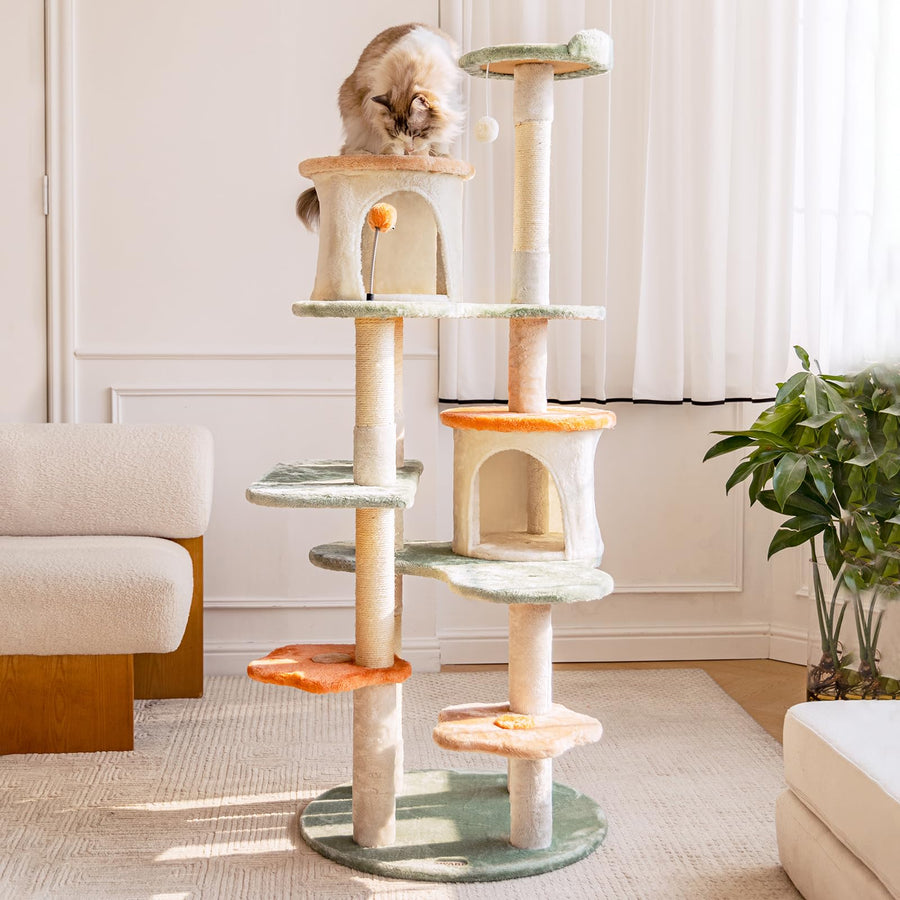 HYABi 63-inch Flower Cat Tree Tower Features a Floral Design and Fresh Colors, Multi-Level with condo, Scratching Posts, and Toy Balls, Perfect for Large Adult Cats. Durable and Safe for Indoor Play
