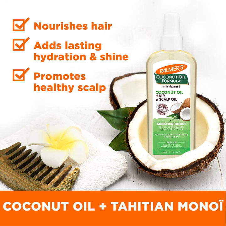 Palmer&#39;s Coconut Oil Moisture Boost, Restorative Hair and Scalp Oil Spray, Lasting Hydration and Shine for Dry or Damaged Hair, Promotes Scalp Health, 5.1 Oz