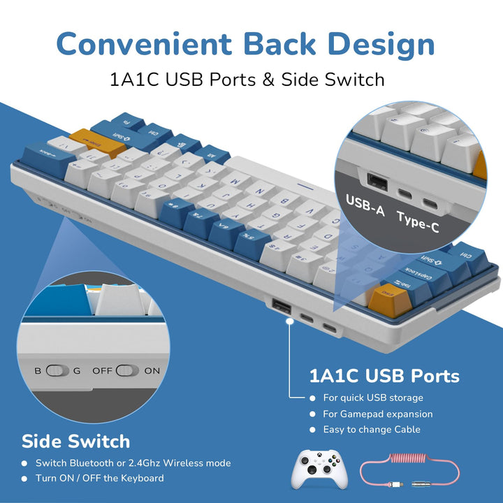 RK61 Plus Wireless Mechanical Keyboard, Bluetooth/2.4G/Wired RGB Gaming Keyboard, 60% Percent Hot Swappable Computer PC Keyboards with USB Hub, Silence Linear SkyCyan Switches