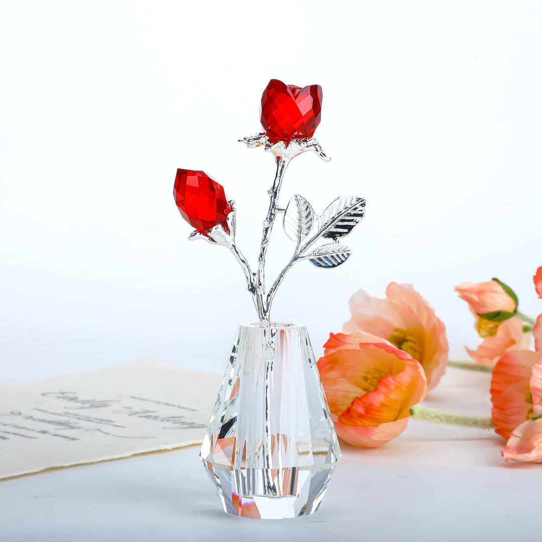 H&amp;D HYALINE &amp; DORA Crystal Red Rose Figurine Collectible Glass Double Roses Flowers Bouquets Ornament Silver Stem with Crystal vase Decor for Home Wedding Party