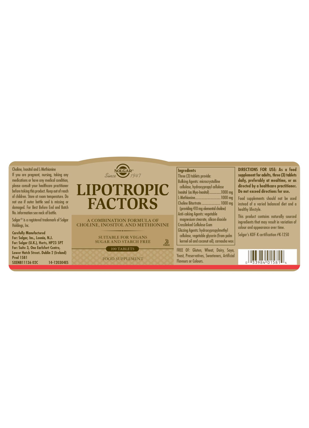 Solgar Lipotropic Factors, 100 Tablets - Liver Support - Vegan, Gluten Free, Dairy Free, Kosher - 33 Servings
