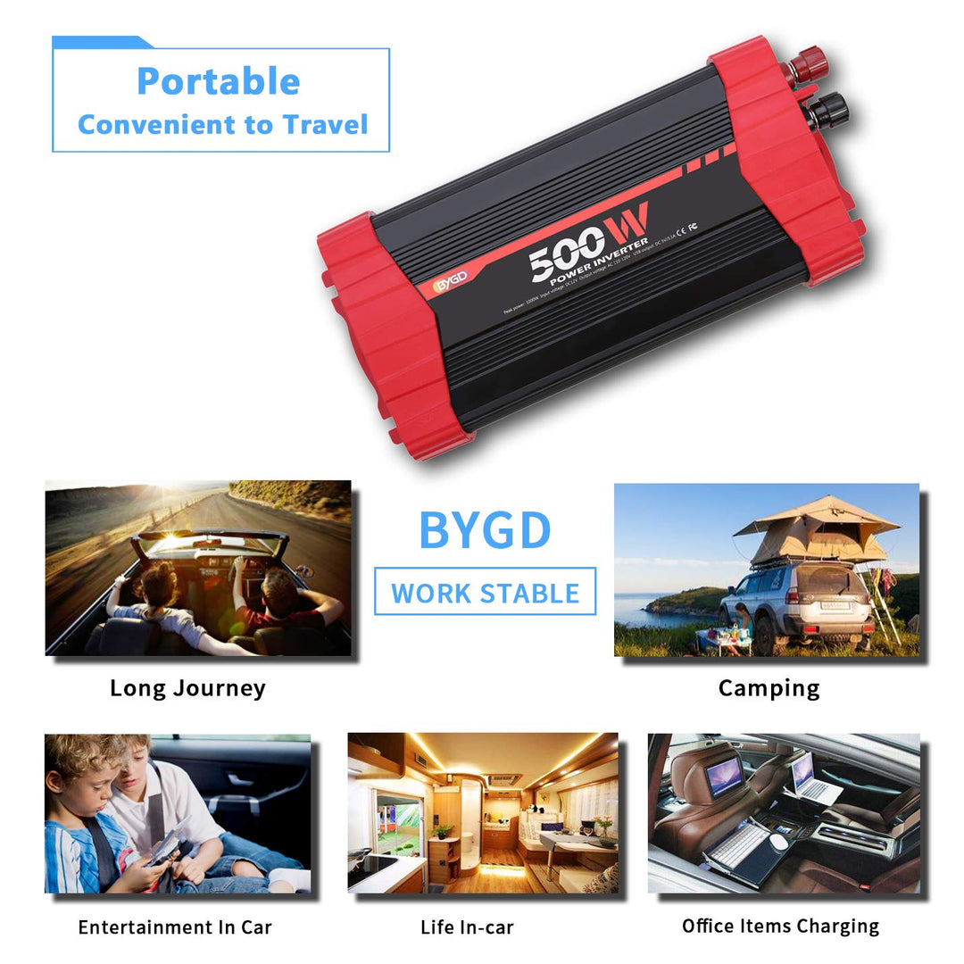 500W Power Inverter, Car Power Inverter DC 12V to 110V AC Car Inverter Converter 4 USB Quick Charging Ports and Dual AC Outlets Car Charger Adpater with Cigarette Lighter Cable and Battery Clamps