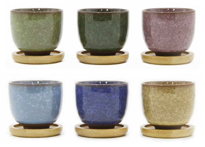 Ice Crack Zisha Serial Ceramic Flowing Glaze Succulent Plant Pot (6pcs with Bamboo Drip Tray)