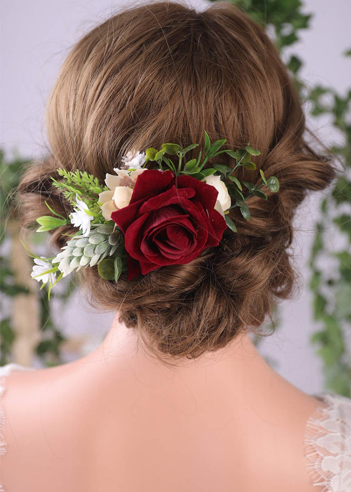 Bridal Flower Hair Comb Burgundy Dark Red Rose Cream Daisy Eucalyptus Greenery Headpiece for Rustic Wedding Photo Shoot Prom Party Festival