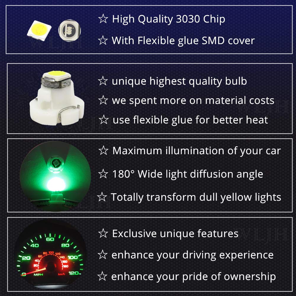 10x Green T3 Neo Wedge Led 3030 SMD Chip 8mm Base Car Instrument Cluster Light Dashboard Gauge HVAC AC Heater Climate Control Lamps Switch Indication Interior Bulb Replacement