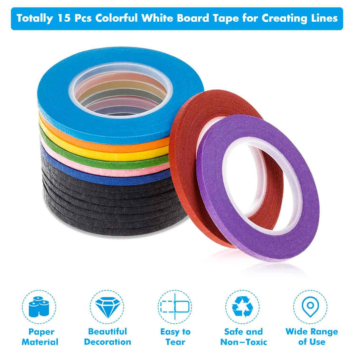cridoz 15 Rolls 1/8 Whiteboard Thin Tape Pinstripe Art Tape Dry Erase Board Grid Tape Lines Pinstriping Electrical Marking Tape, Assorted Colors