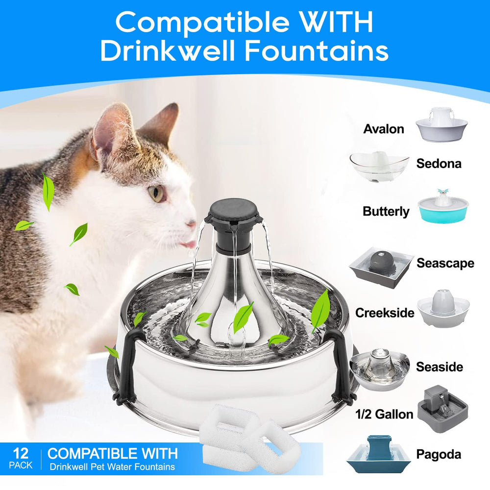 Cat Water Fountain Filter Replacement, Pet Fountain Replacement Foam Filters Compatible with Petsafe Drinkwell Pet Fountain Filters for Drinkwell Stainless Steel 360 Water Fountain 12PCS