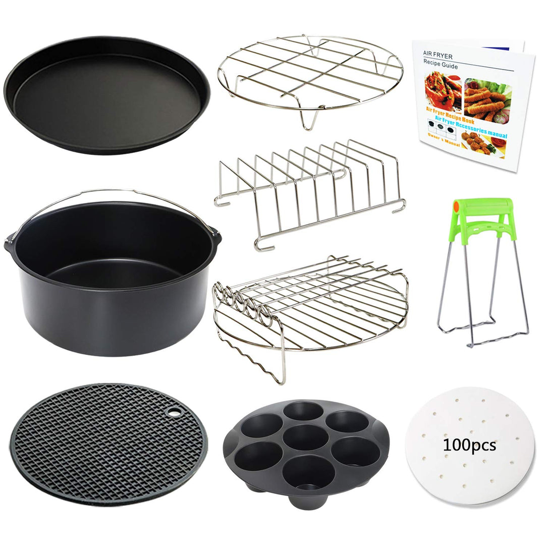 Air Fryer Accessories Set of 7 with 8 Inch Egg Bites Mold, Pizza Pan, Cake Barrel, Skewer Rack, Silicone Mat for 3.5Qt-5.8Qt Phillips Nuwave Gowise Gourmia Ninja Dash Air Fryer