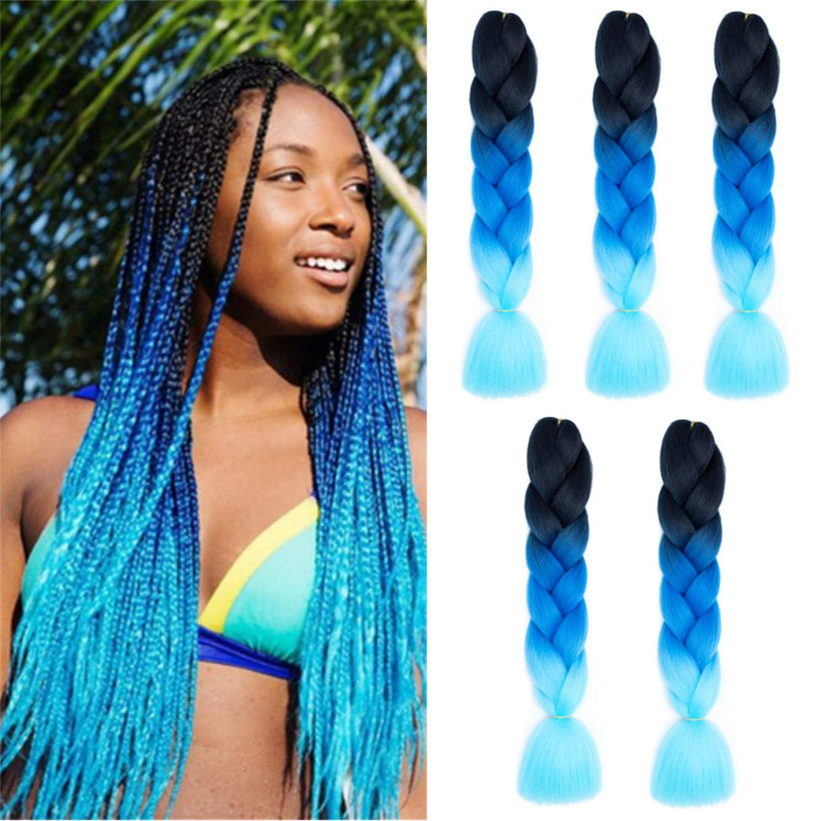 Jumbo Braiding Hair 5PCS/Lot Ombre Kanekalon Pre Stretched Braiding Hair Extensions High Temperature Synthetic Burgundy Blonde Kids Hair 24 Inch Hair for Braiding (black-blue-azure)