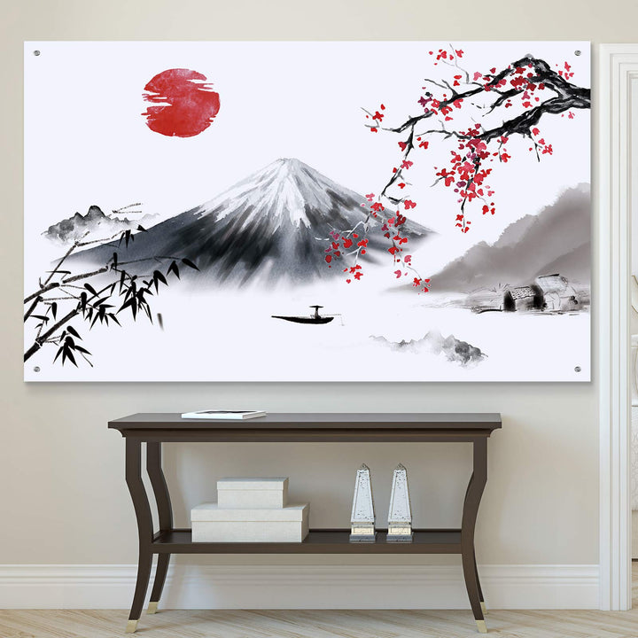 Japanese Wall Hanging Photo Banner Asian Mount Fuji Red Sun Backdrop Japanese Landscape Nature Background for Japanese Party Wall Home Decorations, 72.8 x 43.3 Inch