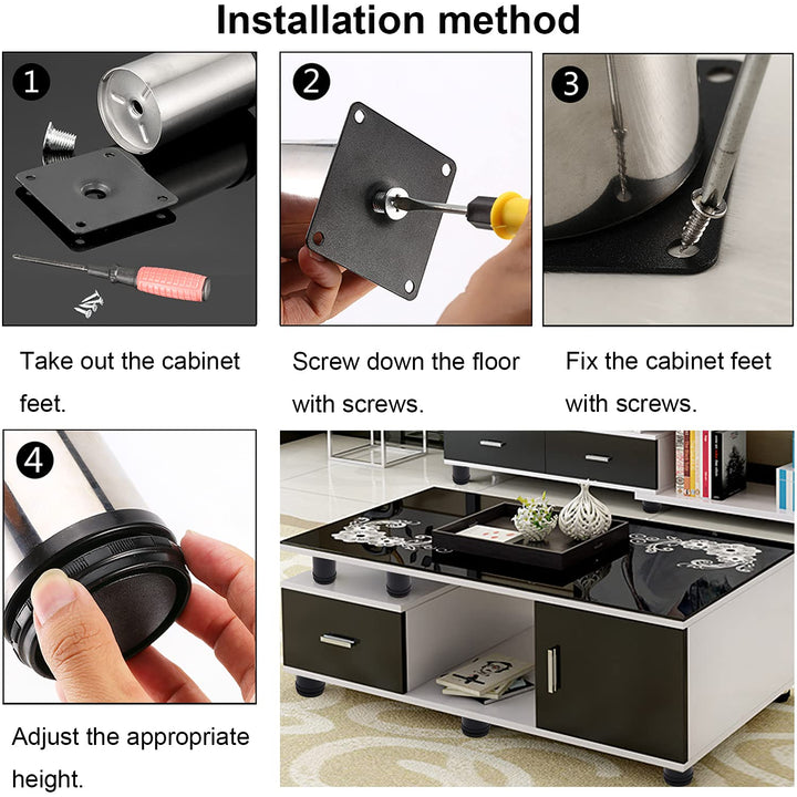 4-Pack 2 Inch Stainless Steel Furniture Legs Cabinet Adjustable Round Kitchen Feet for DIY Furniture+16pcs Stainless Steel Screw (Black 50x50mm)