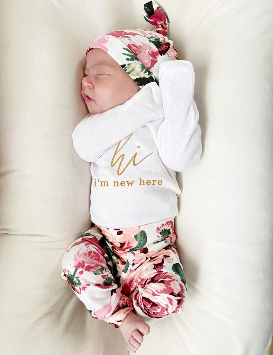 Baby Girl Clothes Preemie Clothes Girl Hi Im New Here Newborn Outfit Romper + Floral Pants + Headband + Hat Preemie Baby Girl Clothes 4PCS Set