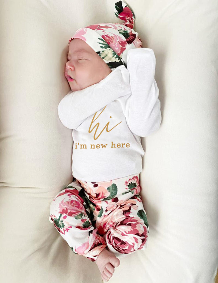 Baby Girl Clothes Preemie Clothes Girl Hi Im New Here Newborn Outfit Romper + Floral Pants + Headband + Hat Preemie Baby Girl Clothes 4PCS Set