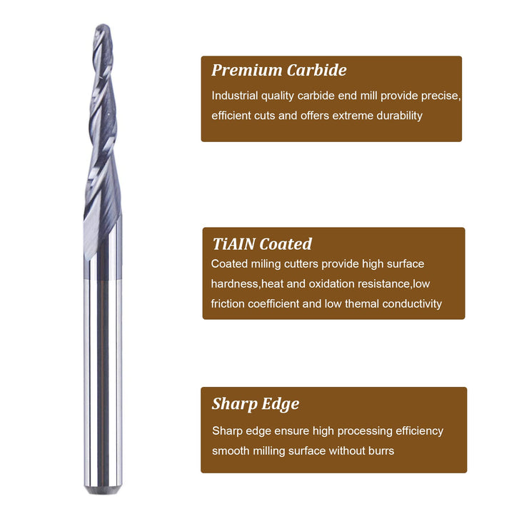 5 Pieces 0.75MM Tip Radius (1.5mm Diameter) Tapered Ball Nose Carbide Router bits 1/8 inch Shank for Wood Carving 3D Engrave with TiAlN Coated