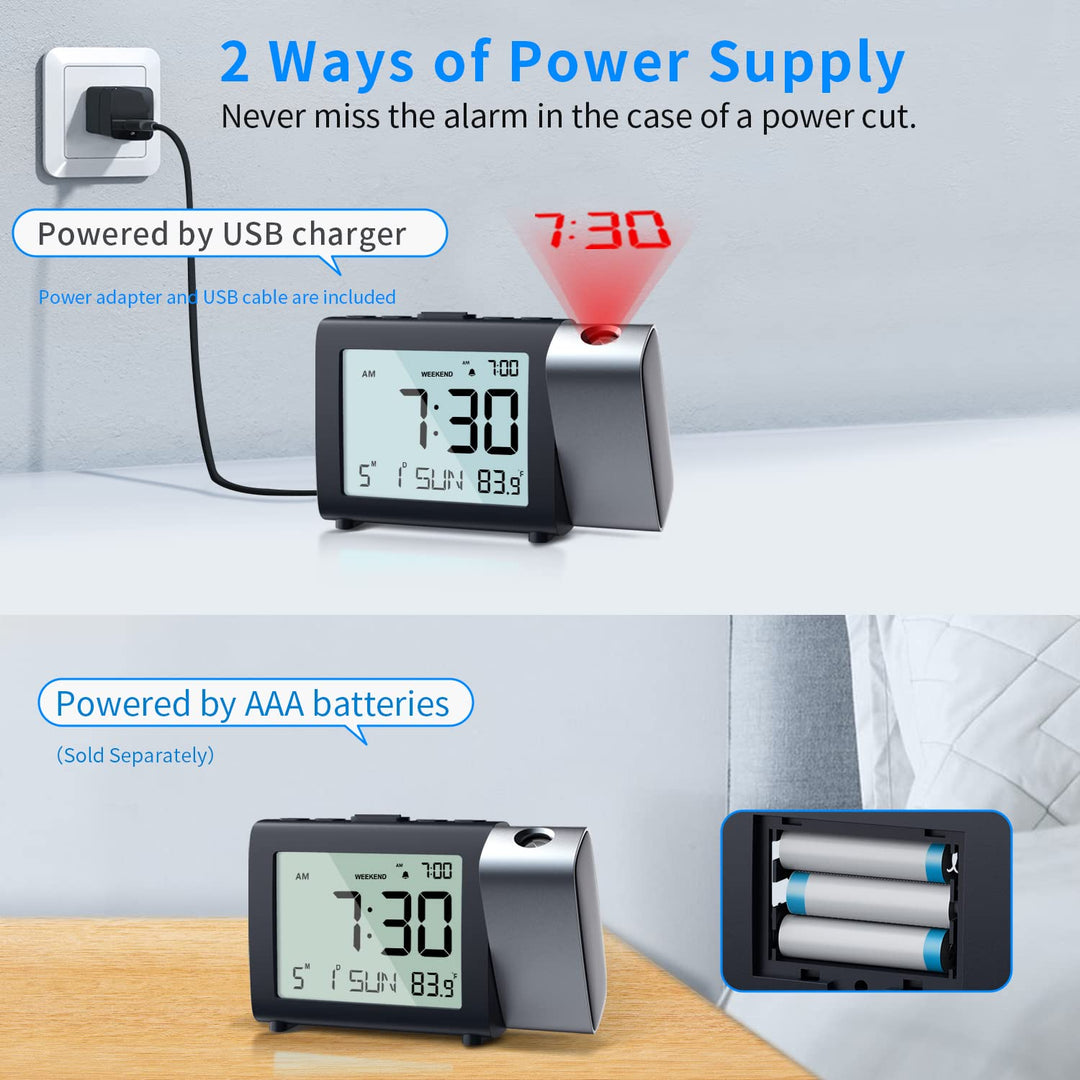 Projection Alarm Clock for Bedroom: Digital LCD Clock with Temperature Date Snooze 12/24H and Weekend Mode, Easy Set Dimmer Clock with 2-Levels Volume, Mains and Battery Operated