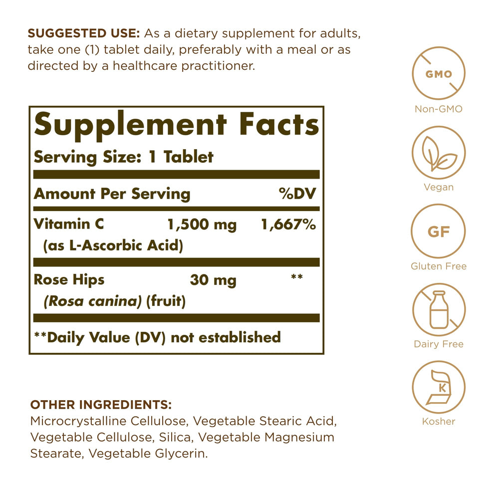 Solgar Vitamin C 1500 mg with Rose Hips - 90 Tablets - Antioxidant & Immune Support - Non-GMO, Vegan, Gluten Free, Dairy Free, Kosher - 90 Servings